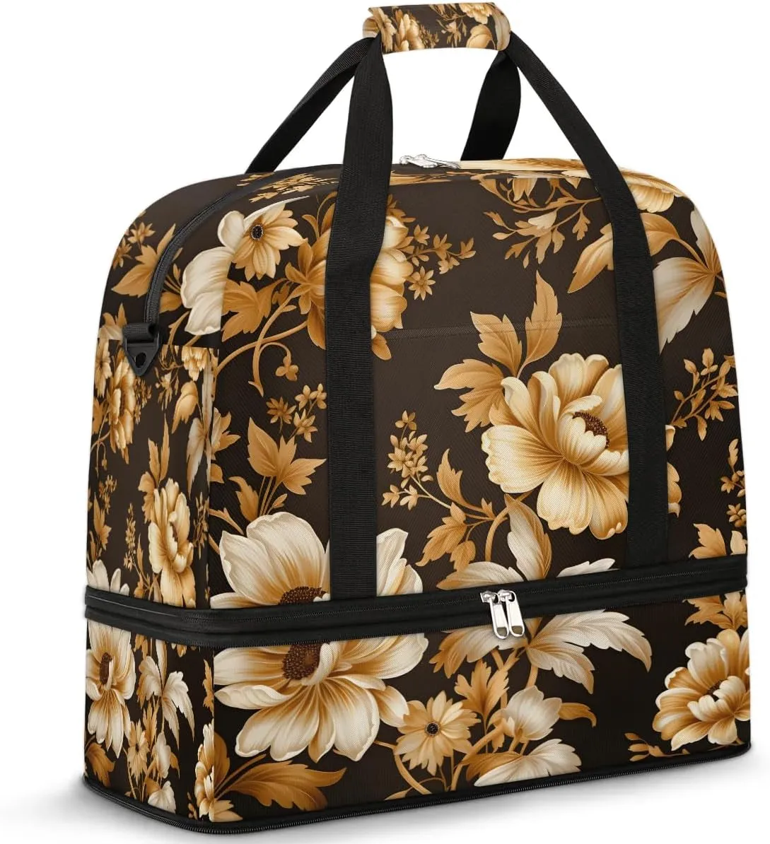 Delicate Retro Flora Printing Travel Duffle Bag, Collapsible Travel Bag Sports Gym Bag With Shoes Compartment Weekender Bag Overnight Bag For Women Men