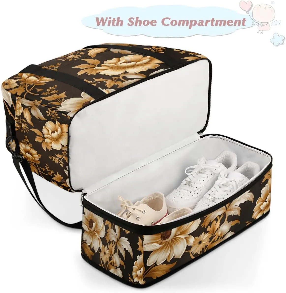 Delicate Retro Flora Printing Travel Duffle Bag, Collapsible Travel Bag Sports Gym Bag With Shoes Compartment Weekender Bag Overnight Bag For Women Men