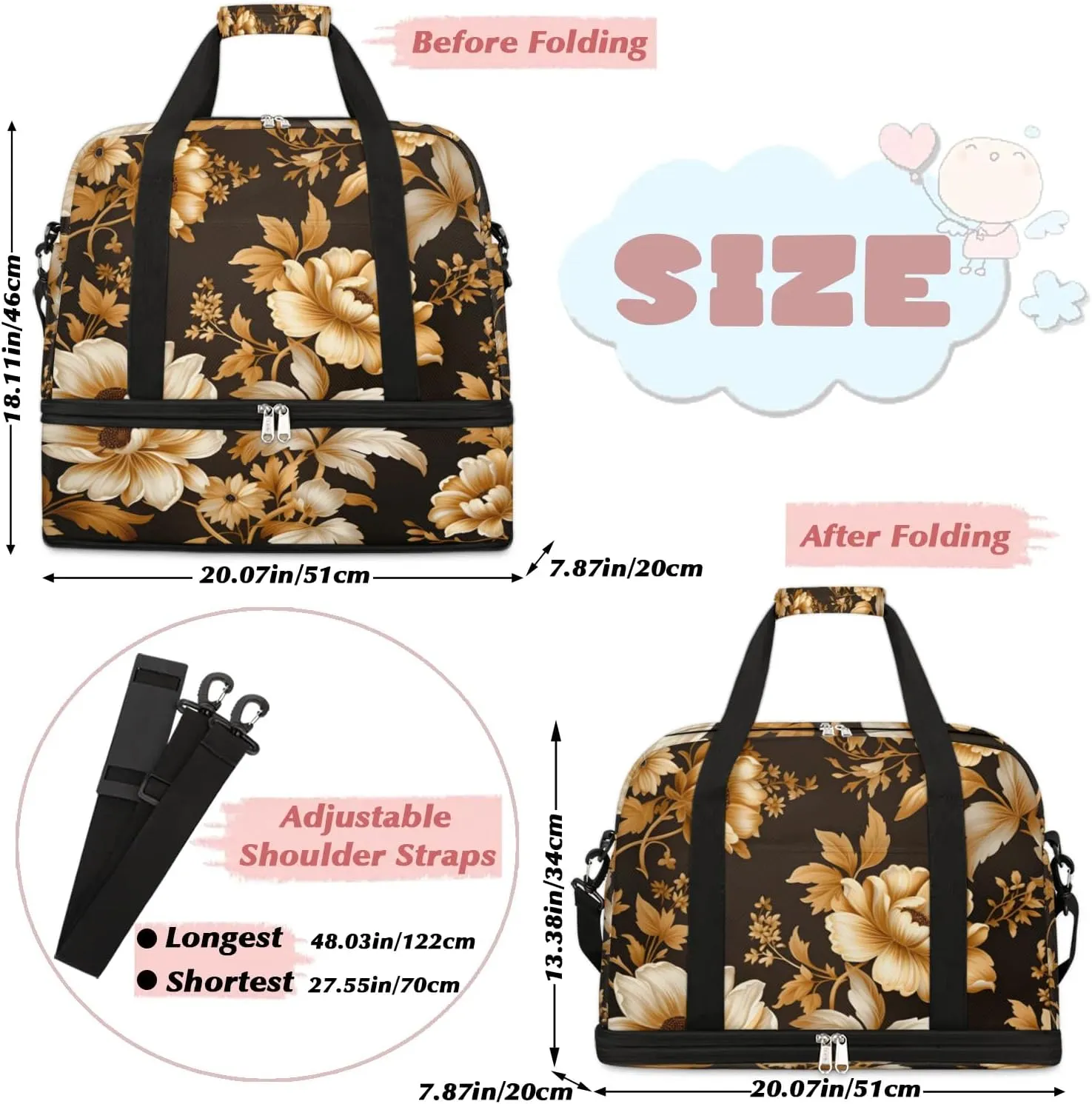 Delicate Retro Flora Printing Travel Duffle Bag, Collapsible Travel Bag Sports Gym Bag With Shoes Compartment Weekender Bag Overnight Bag For Women Men