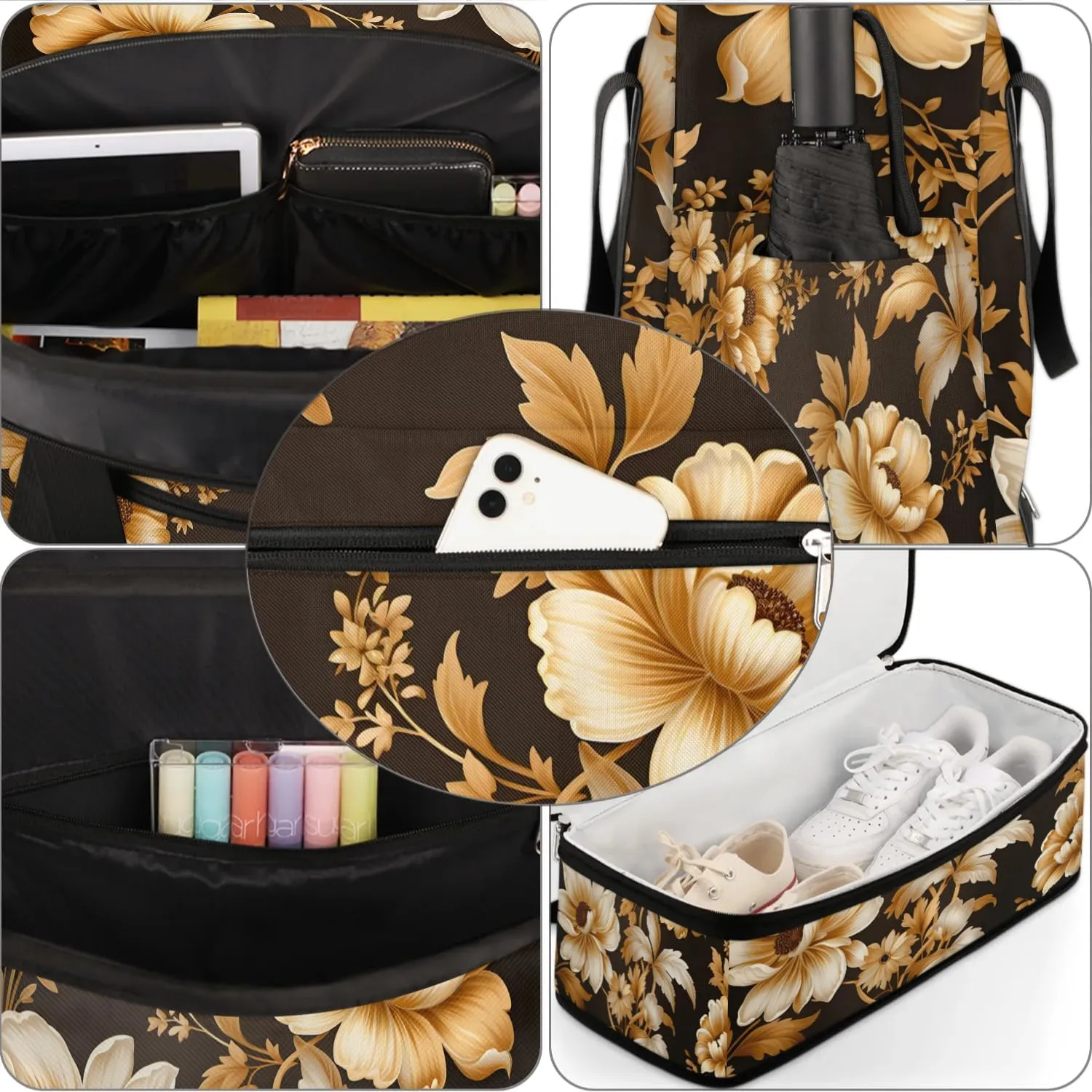 Delicate Retro Flora Printing Travel Duffle Bag, Collapsible Travel Bag Sports Gym Bag With Shoes Compartment Weekender Bag Overnight Bag For Women Men