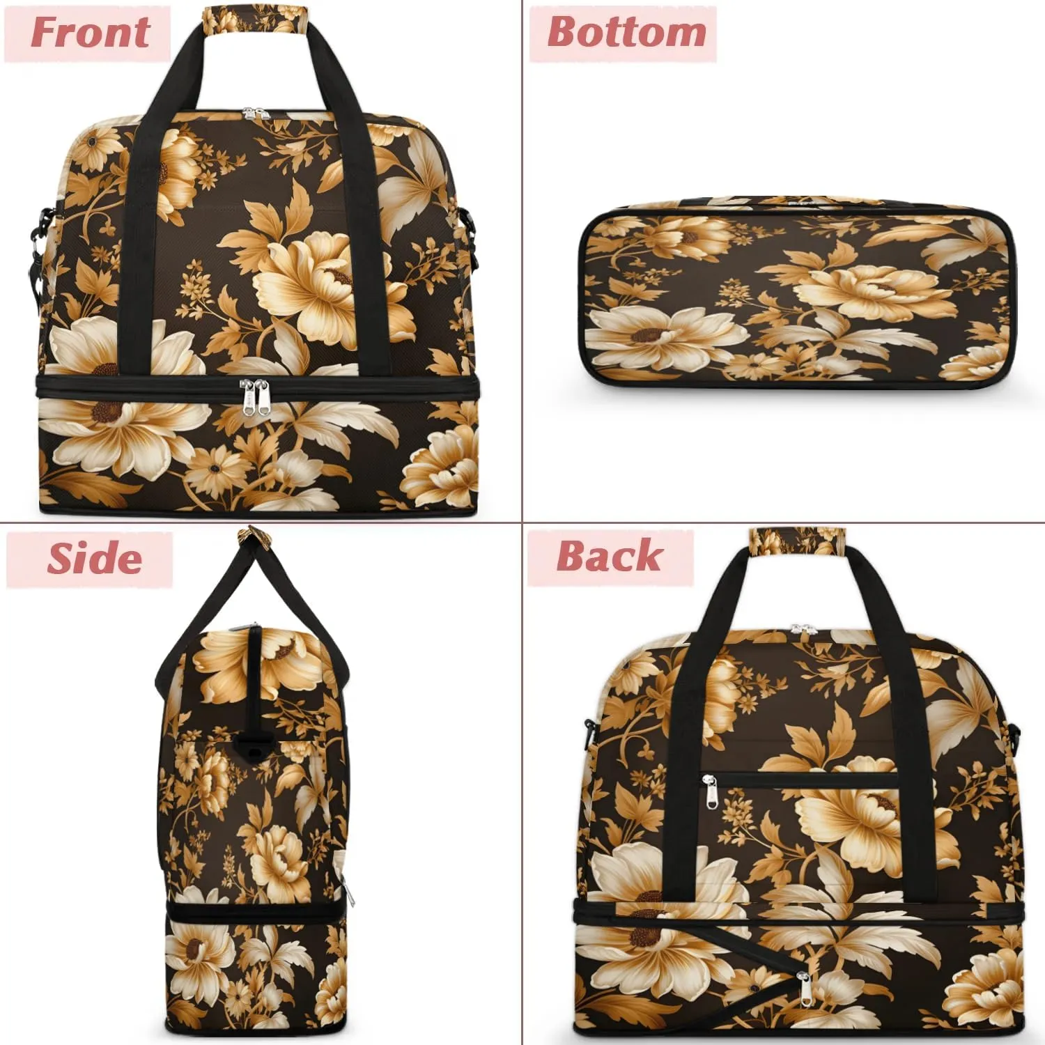 Delicate Retro Flora Printing Travel Duffle Bag, Collapsible Travel Bag Sports Gym Bag With Shoes Compartment Weekender Bag Overnight Bag For Women Men