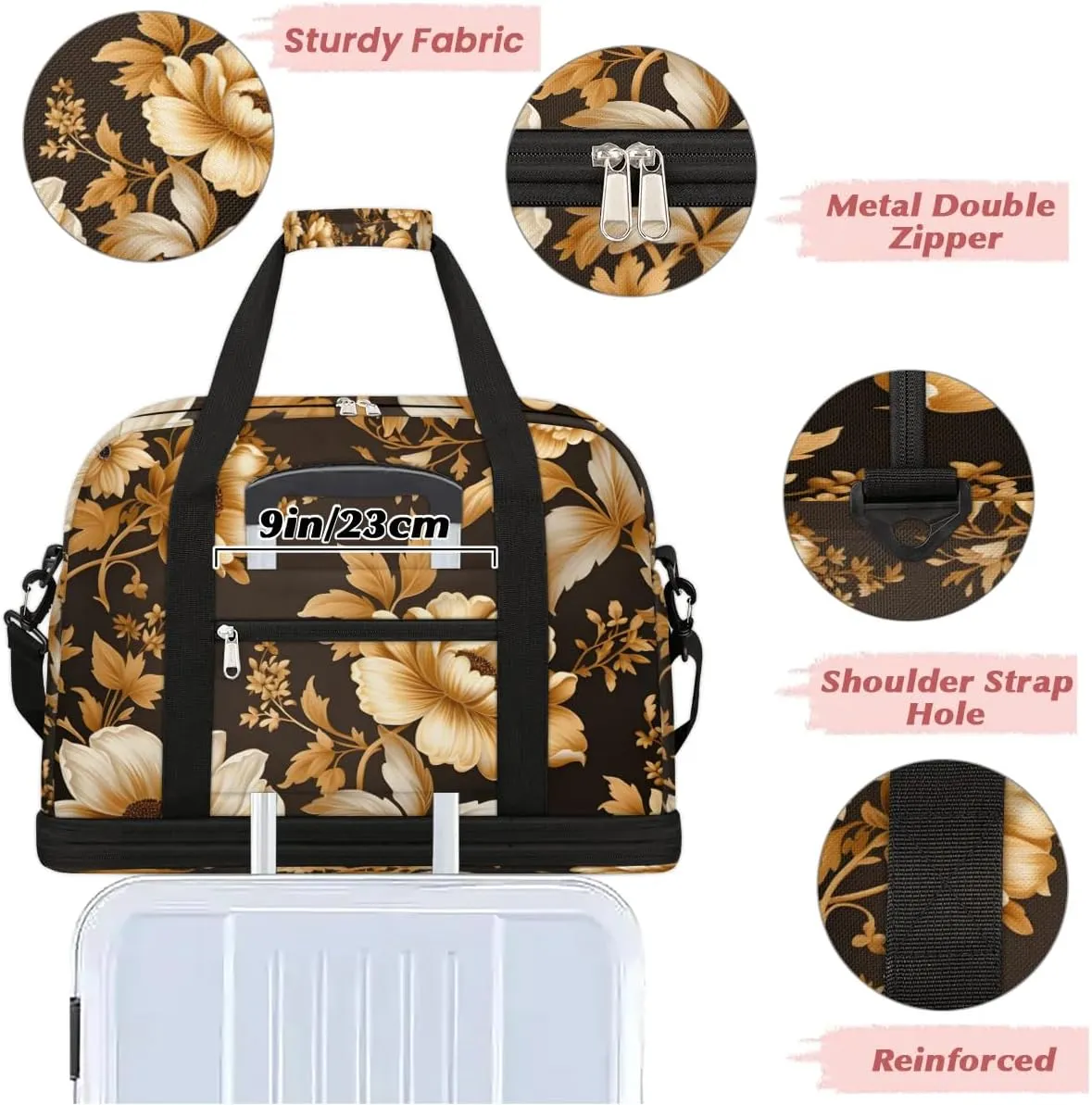 Delicate Retro Flora Printing Travel Duffle Bag, Collapsible Travel Bag Sports Gym Bag With Shoes Compartment Weekender Bag Overnight Bag For Women Men