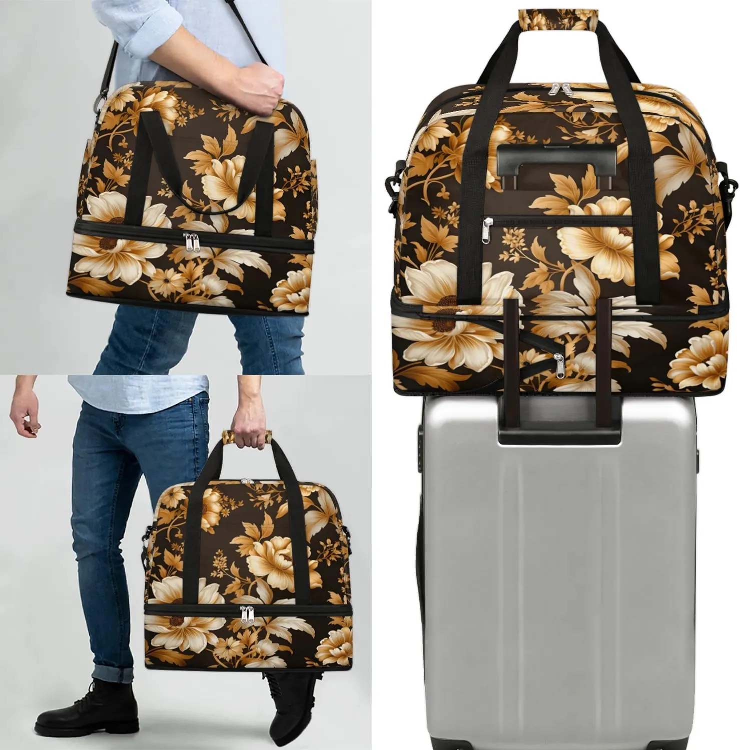 Delicate Retro Flora Printing Travel Duffle Bag, Collapsible Travel Bag Sports Gym Bag With Shoes Compartment Weekender Bag Overnight Bag For Women Men
