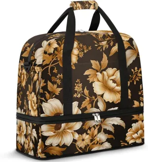 Delicate Retro Flora Printing Travel Duffle Bag, Collapsible Travel Bag Sports Gym Bag With Shoes Compartment Weekender Bag Overnight Bag For Women Men
