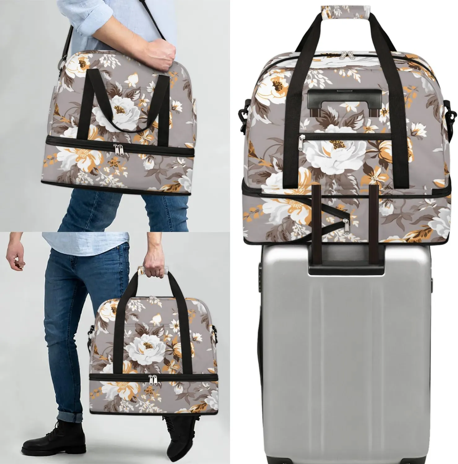 Delicate Retro Flower Patterns Travel Duffle Bag, Collapsible Travel Bag Sports Gym Bag With Shoes Compartment Weekender Bag Overnight Bag For Women Men