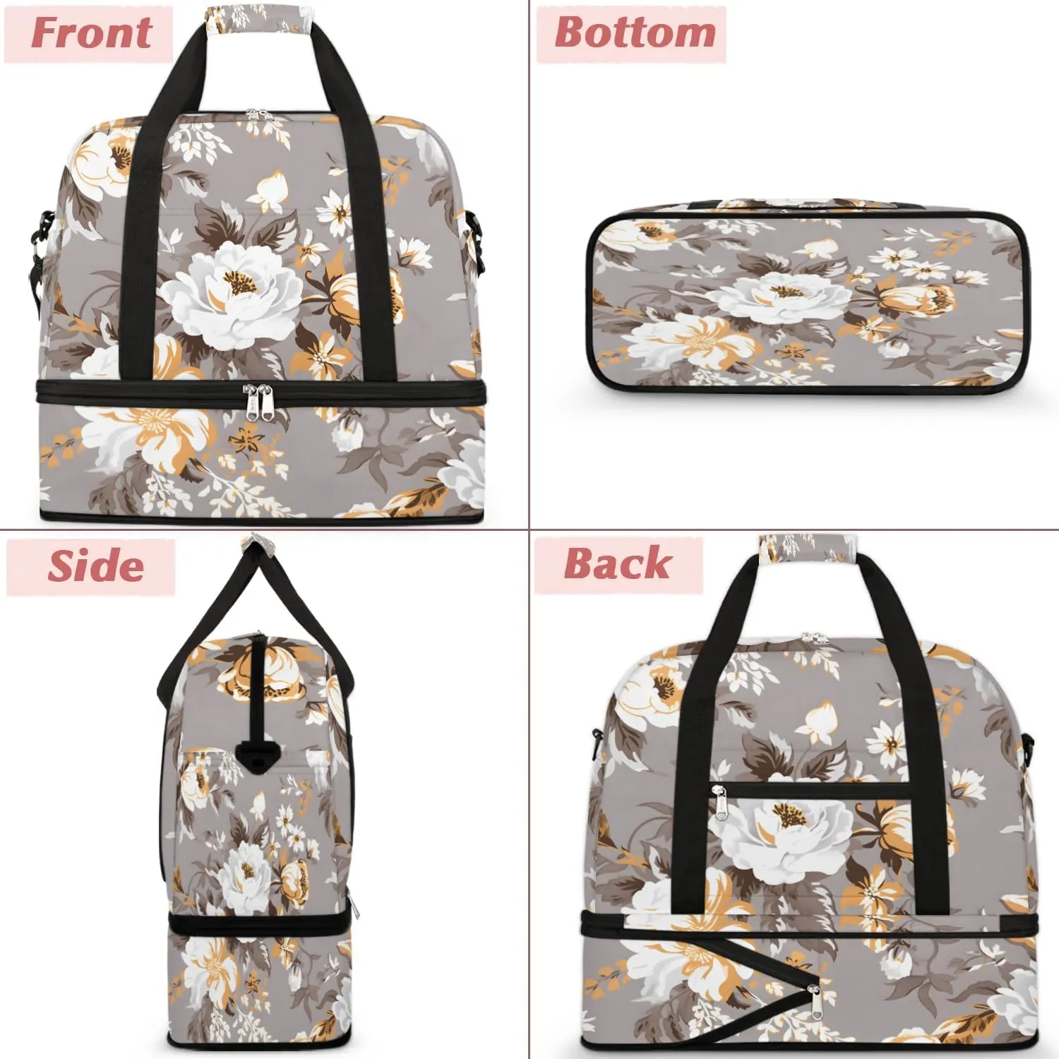Delicate Retro Flower Patterns Travel Duffle Bag, Collapsible Travel Bag Sports Gym Bag With Shoes Compartment Weekender Bag Overnight Bag For Women Men
