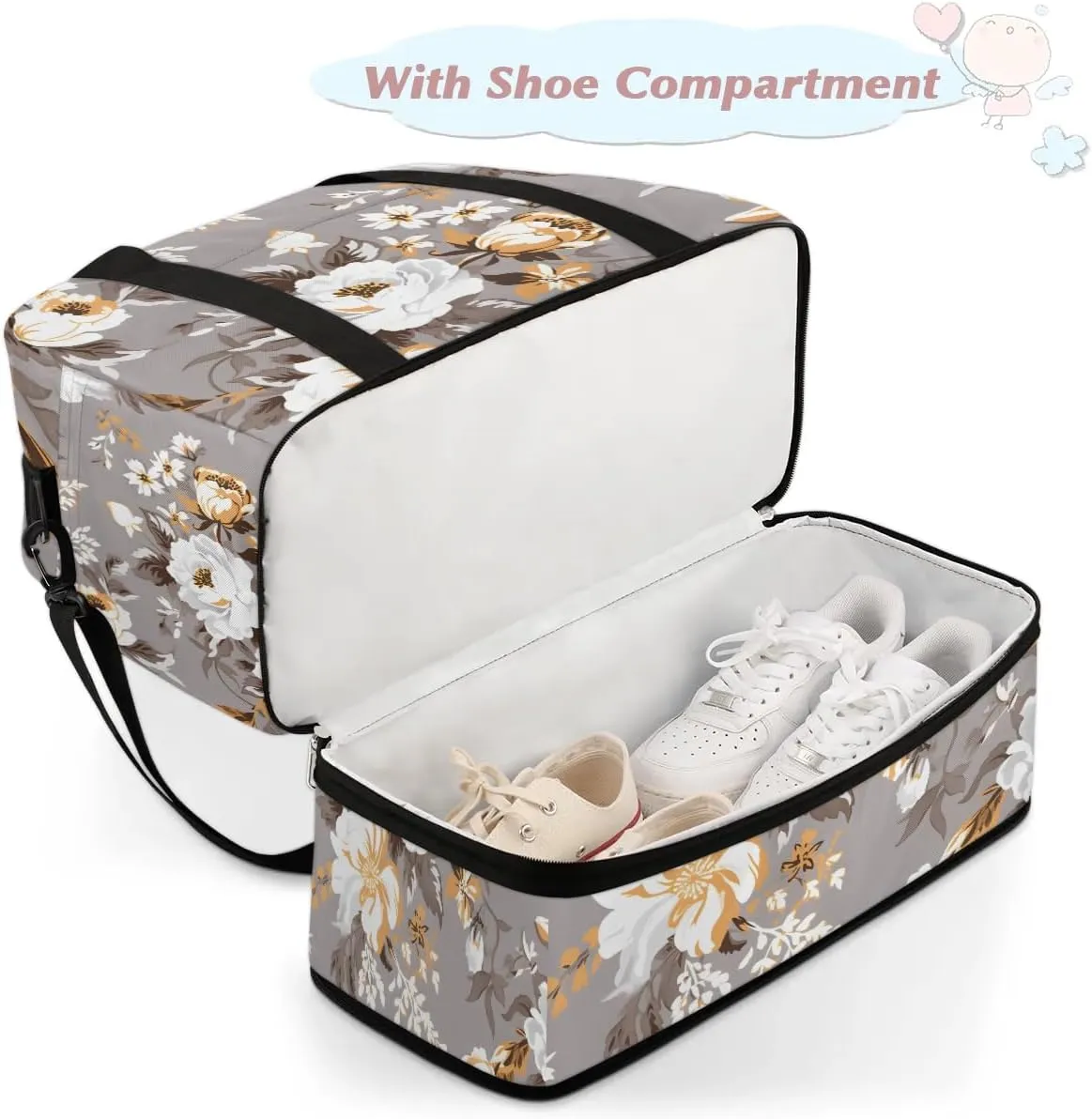Delicate Retro Flower Patterns Travel Duffle Bag, Collapsible Travel Bag Sports Gym Bag With Shoes Compartment Weekender Bag Overnight Bag For Women Men