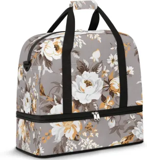 Delicate Retro Flower Patterns Travel Duffle Bag, Collapsible Travel Bag Sports Gym Bag With Shoes Compartment Weekender Bag Overnight Bag For Women Men