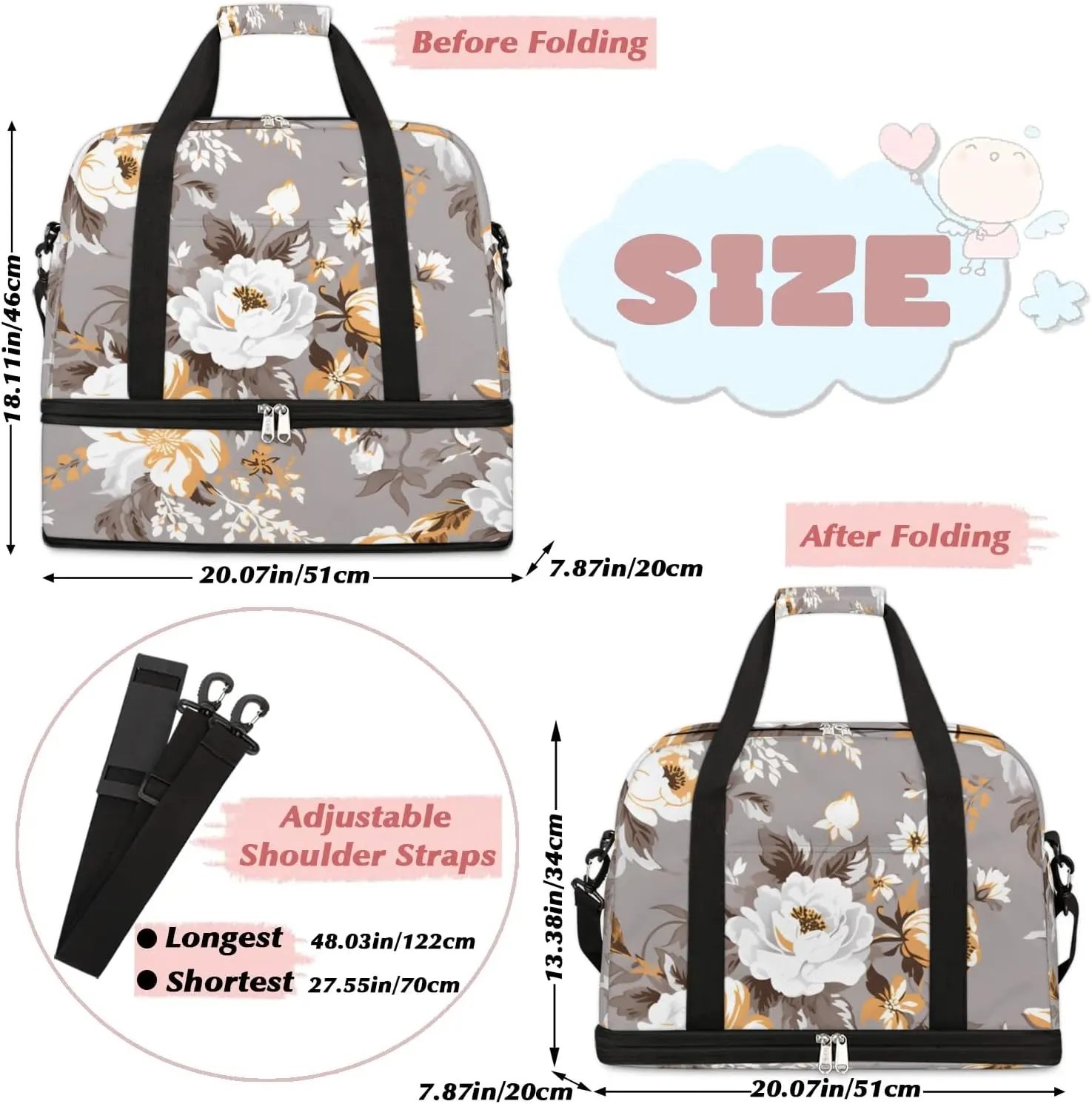 Delicate Retro Flower Patterns Travel Duffle Bag, Collapsible Travel Bag Sports Gym Bag With Shoes Compartment Weekender Bag Overnight Bag For Women Men