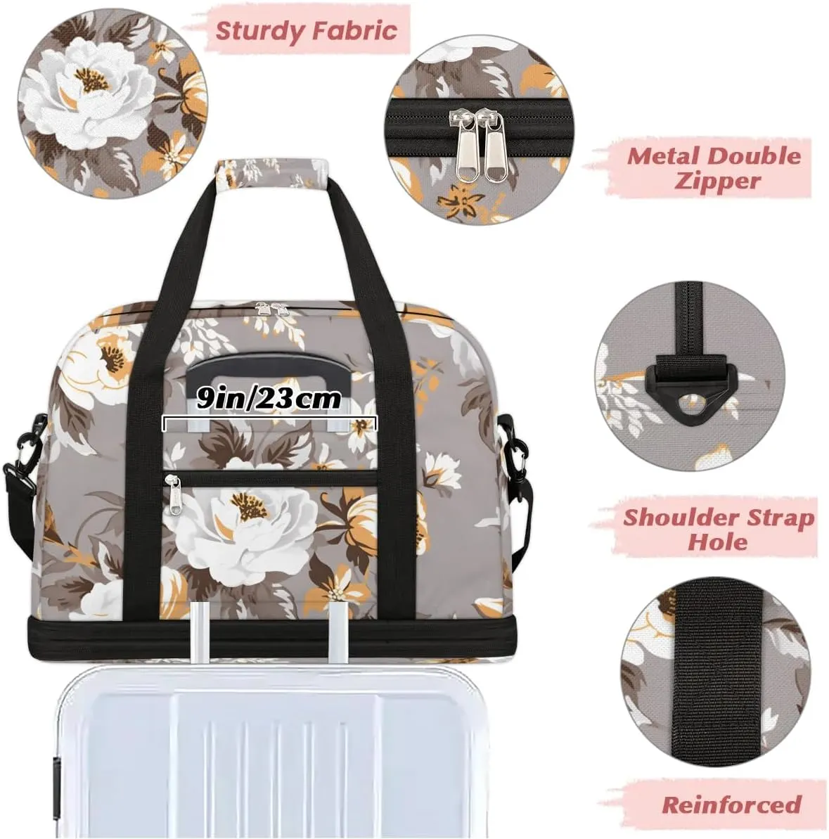 Delicate Retro Flower Patterns Travel Duffle Bag, Collapsible Travel Bag Sports Gym Bag With Shoes Compartment Weekender Bag Overnight Bag For Women Men