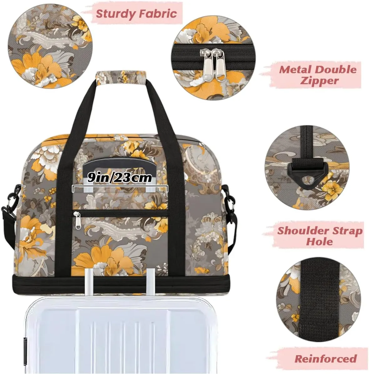 Delicate Retro Flowers Pattern Travel Duffle Bag, Collapsible Travel Bag Sports Gym Bag With Shoes Compartment Weekender Bag Overnight Bag For Women Men