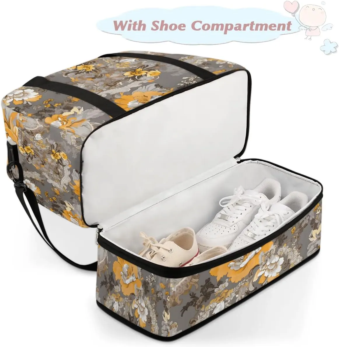 Delicate Retro Flowers Pattern Travel Duffle Bag, Collapsible Travel Bag Sports Gym Bag With Shoes Compartment Weekender Bag Overnight Bag For Women Men