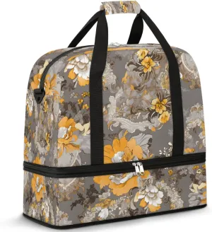 Delicate Retro Flowers Pattern Travel Duffle Bag, Collapsible Travel Bag Sports Gym Bag With Shoes Compartment Weekender Bag Overnight Bag For Women Men