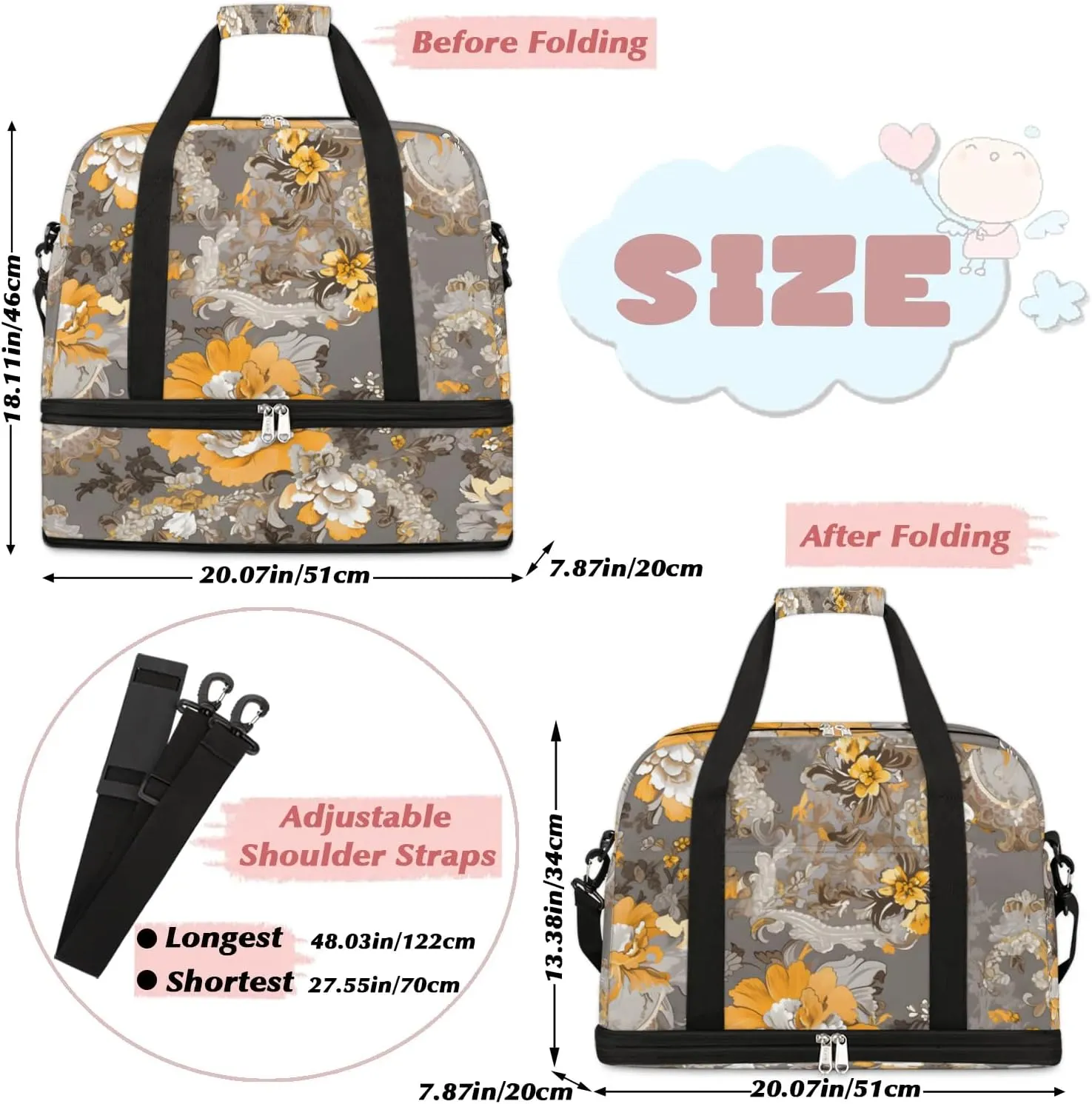 Delicate Retro Flowers Pattern Travel Duffle Bag, Collapsible Travel Bag Sports Gym Bag With Shoes Compartment Weekender Bag Overnight Bag For Women Men