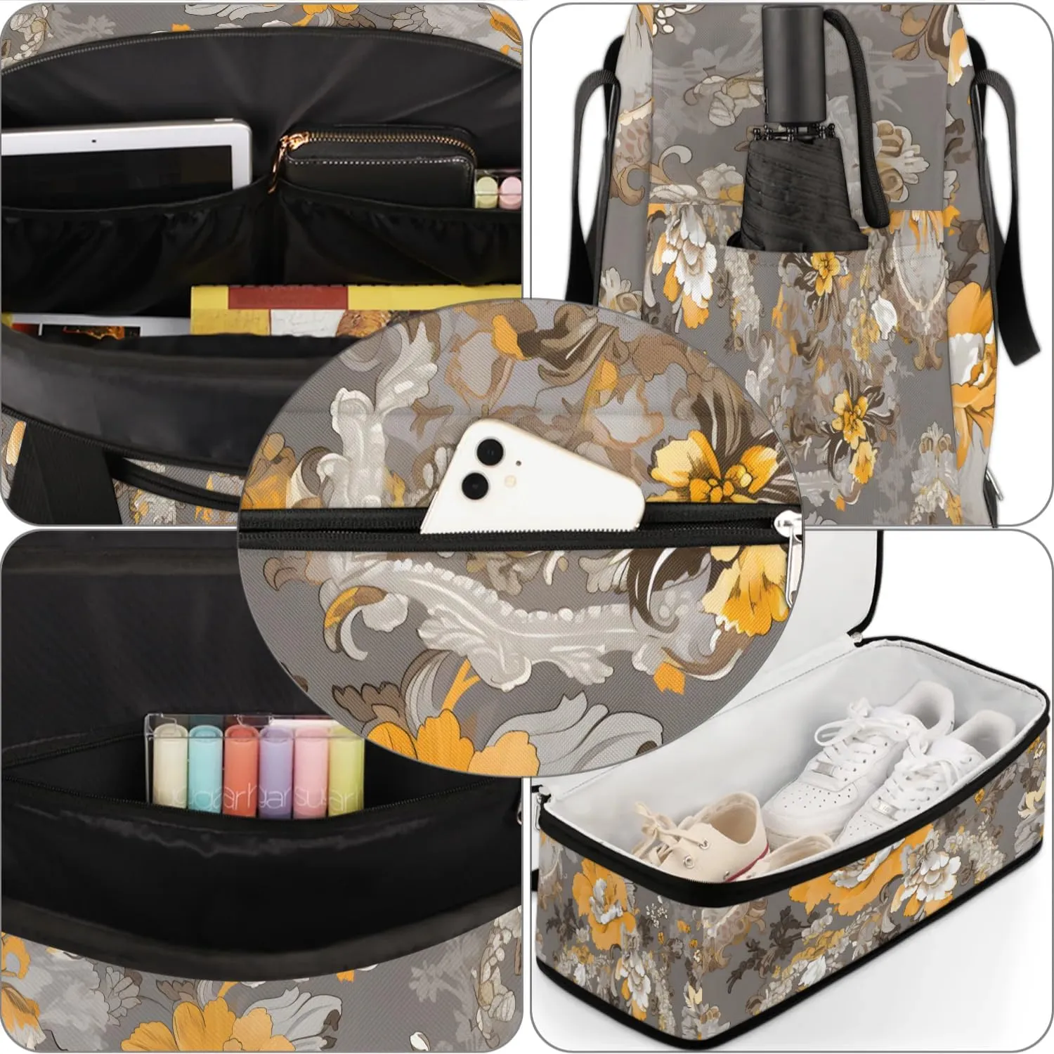 Delicate Retro Flowers Pattern Travel Duffle Bag, Collapsible Travel Bag Sports Gym Bag With Shoes Compartment Weekender Bag Overnight Bag For Women Men