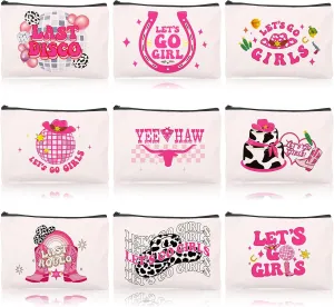 Disco Cowgirl Cosmetic Makeup Bag 9PCS Bachelorette Party Favor Bags Cowgirl Birthday Party Decorations Supplies Gift Canvas Cosmetic Travel Pencil Bags Pouch with Zipper for Women