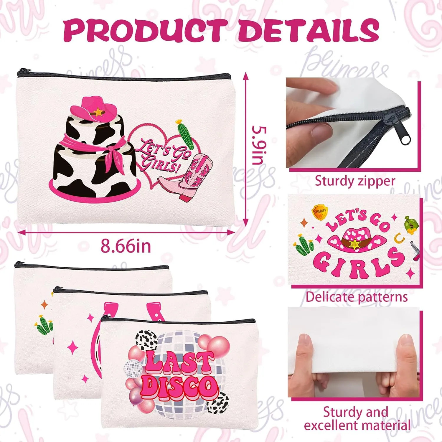 Disco Cowgirl Cosmetic Makeup Bag 9PCS Bachelorette Party Favor Bags Cowgirl Birthday Party Decorations Supplies Gift Canvas Cosmetic Travel Pencil Bags Pouch with Zipper for Women