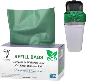 Dog Waste Station/Cat Litter Pail Bags, PetFusion Compatible, Certified Compostable, Plant-Derived, Long & Durable, Replacement Liner Bags (15 Count)