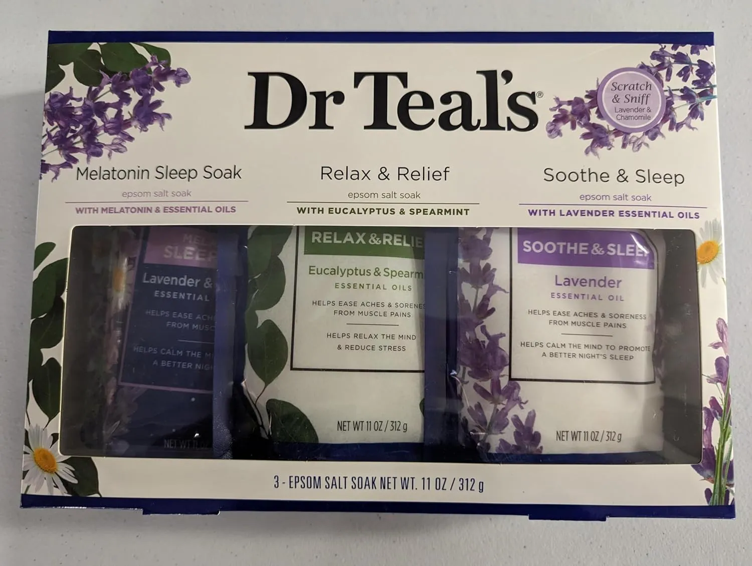 Dr. Teal's Epsom Salt Stress Relief Gift Set (Three 11oz Bags) - Relax & Relief Eucalyptus, Melatonin Soak, & Soothing Lavender - Give The Gift of Relaxation - Soothe Aches with at Home Spa Kit