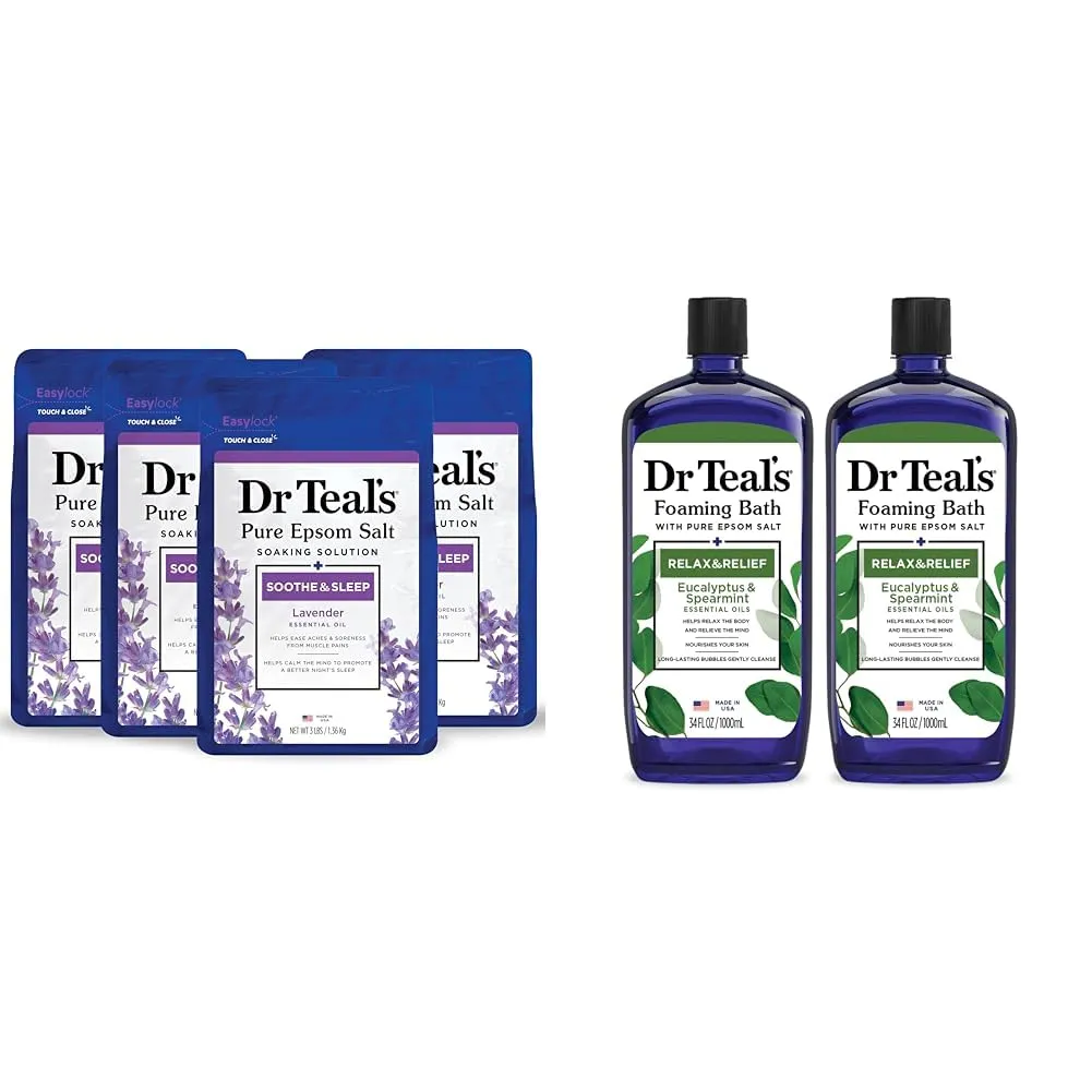 Dr Teal's Pure Epsom Salt Soothe & Sleep Lavender 3 lb (Pack of 4) & Foaming Bath Relax & Relief Eucalyptus Spearmint 34 fl oz (Pack of 2)