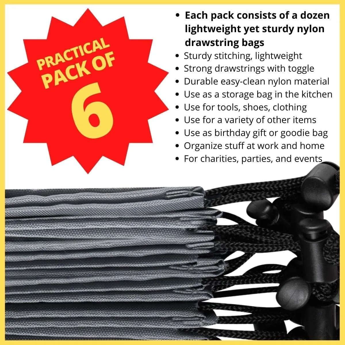 Drawstring Bag - Nylon Cinch and Ditty Stuff Pouch with Toggle (12 x 16-6 pack, Grey)