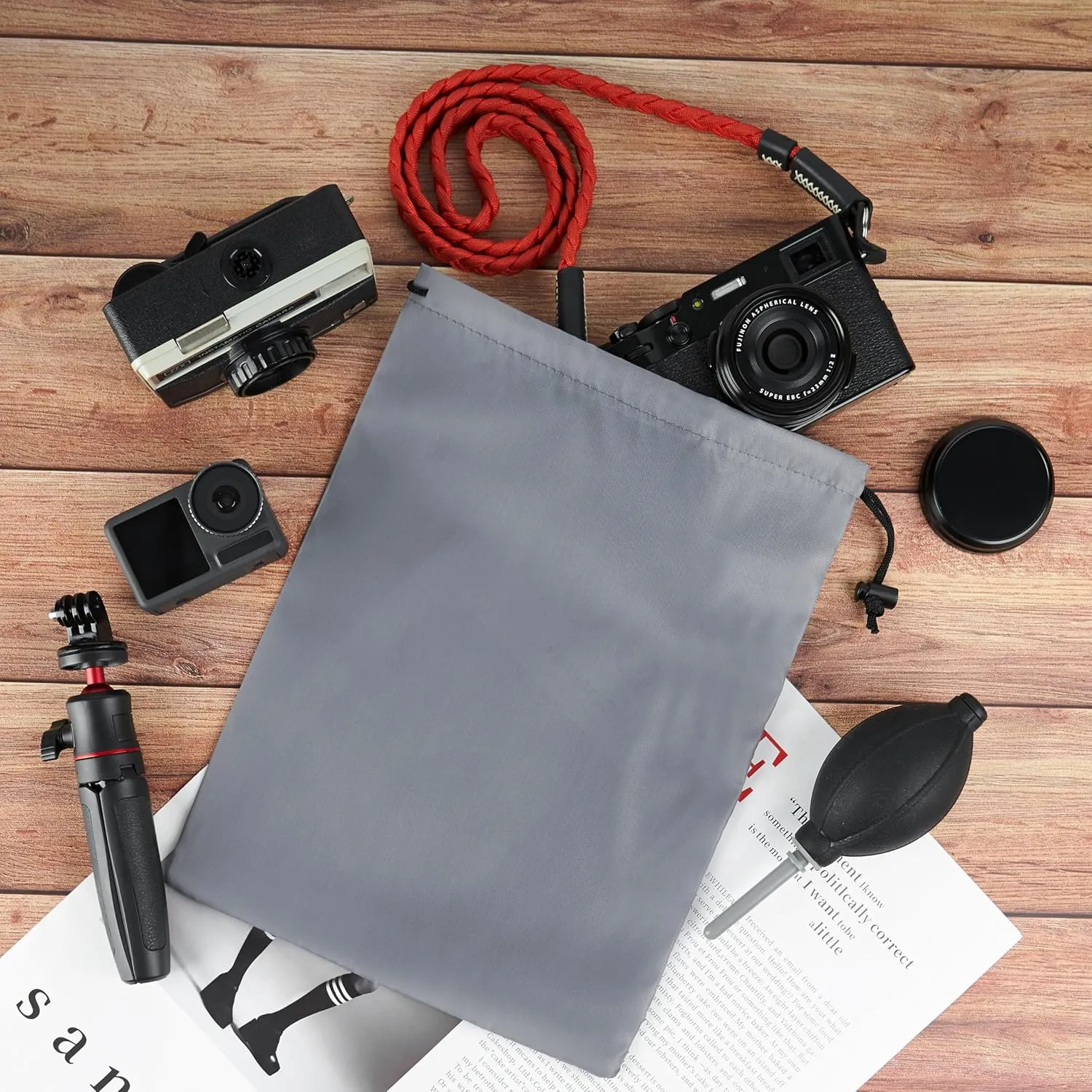 Drawstring Bag with Toggle - Nylon Cinch and Ditty Pouch (Gray, 9 x 12 Inch)