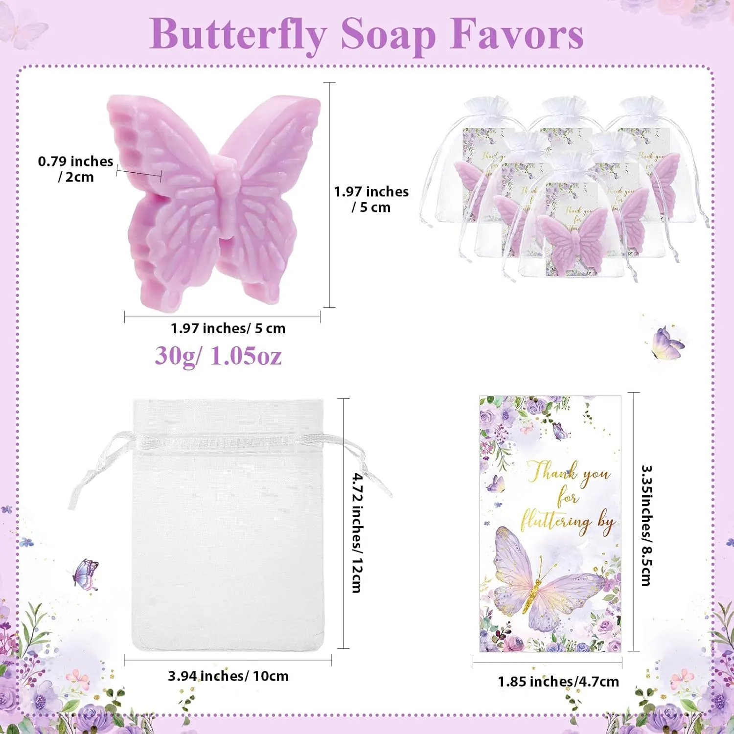 Dunzy 30 Set Butterfly Theme Baby Shower Favors for Guests Butterfly Soap Favors with Thanks You Cards Gift Bags Gender Reveal Baptism Party Decorations Wedding Bridal Souvenirs (Purple)