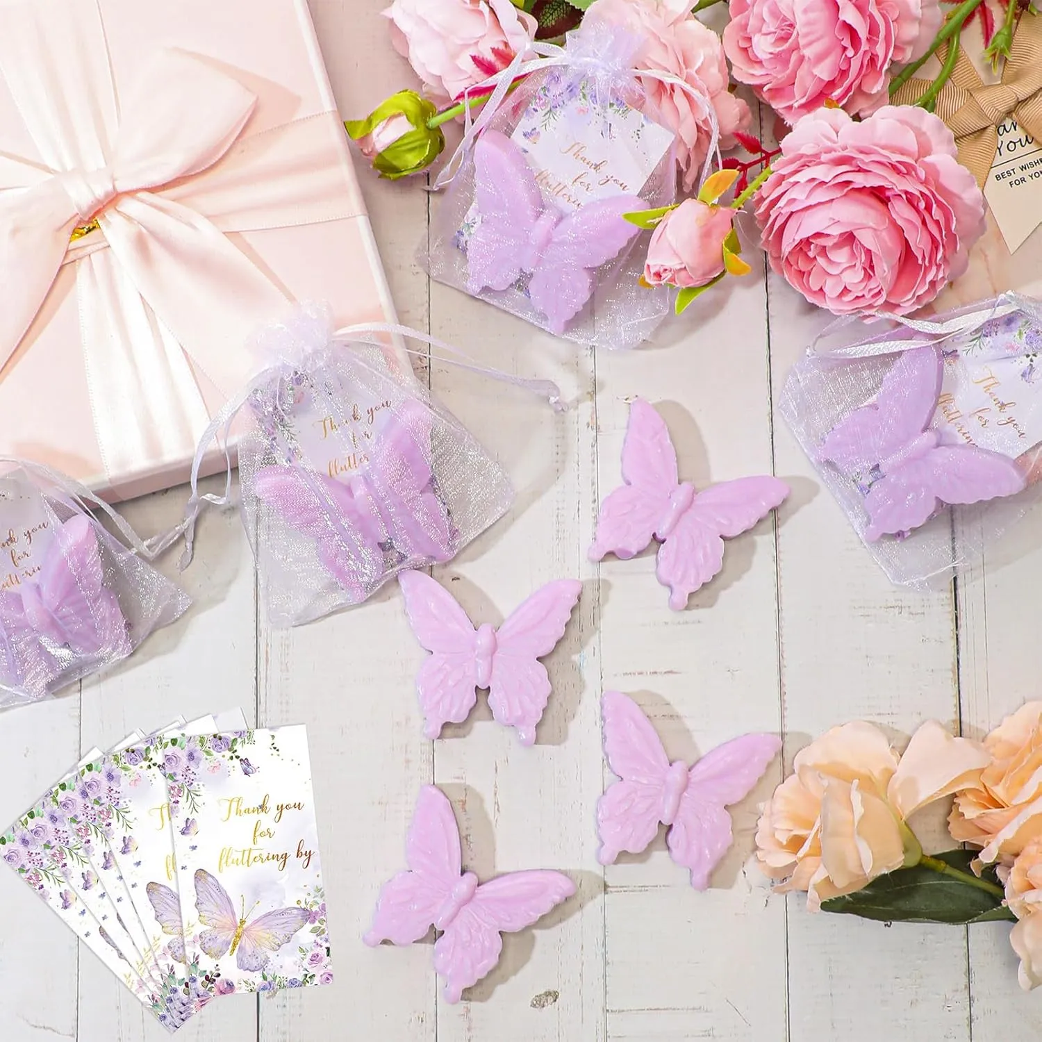 Dunzy 30 Set Butterfly Theme Baby Shower Favors for Guests Butterfly Soap Favors with Thanks You Cards Gift Bags Gender Reveal Baptism Party Decorations Wedding Bridal Souvenirs (Purple)