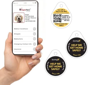 Dynotag® Web Enabled Smart Round Laminated Synthetic ID Tag. Property Tag for Bags, Keychain, Personal Items - Multiple Uses, with DynoIQ™ & Lifetime Recovery Service. 3 Unique Tags