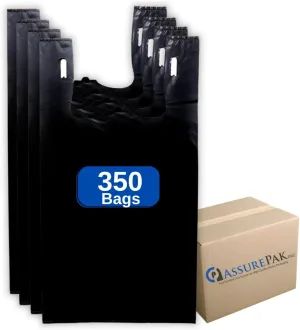 Easy Open - Black Unprinted HDPE T-Shirt Bags - 1/6 BBL 11.5"X6"X21" - 350 Bags - 22 microns - Black - 200HD25-EO - AssurePak