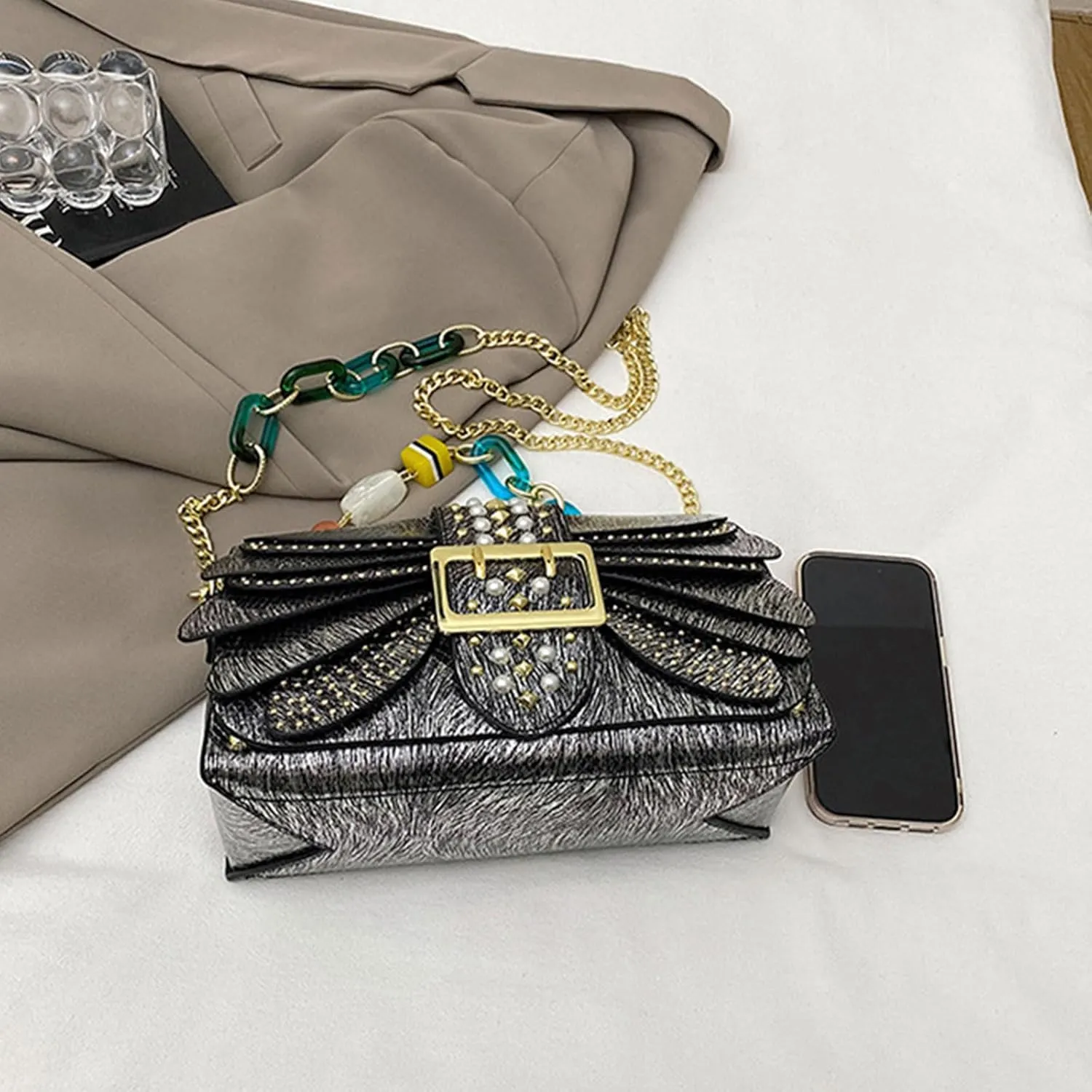 Elegant PU Leather Shoulder Bag for Women with Chain Detail and Unique Designs Crossbody Purse Work Handbag Square Bags