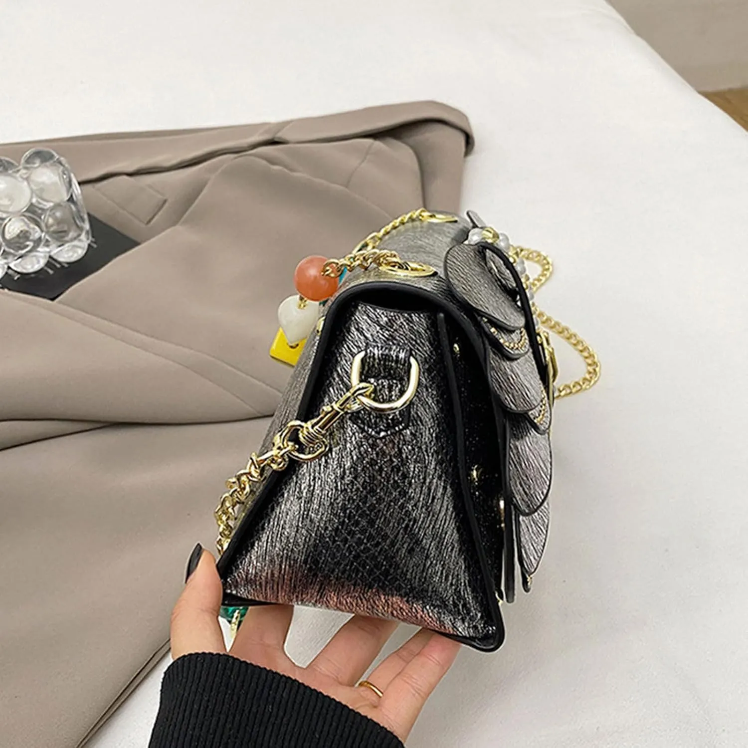 Elegant PU Leather Shoulder Bag for Women with Chain Detail and Unique Designs Crossbody Purse Work Handbag Square Bags