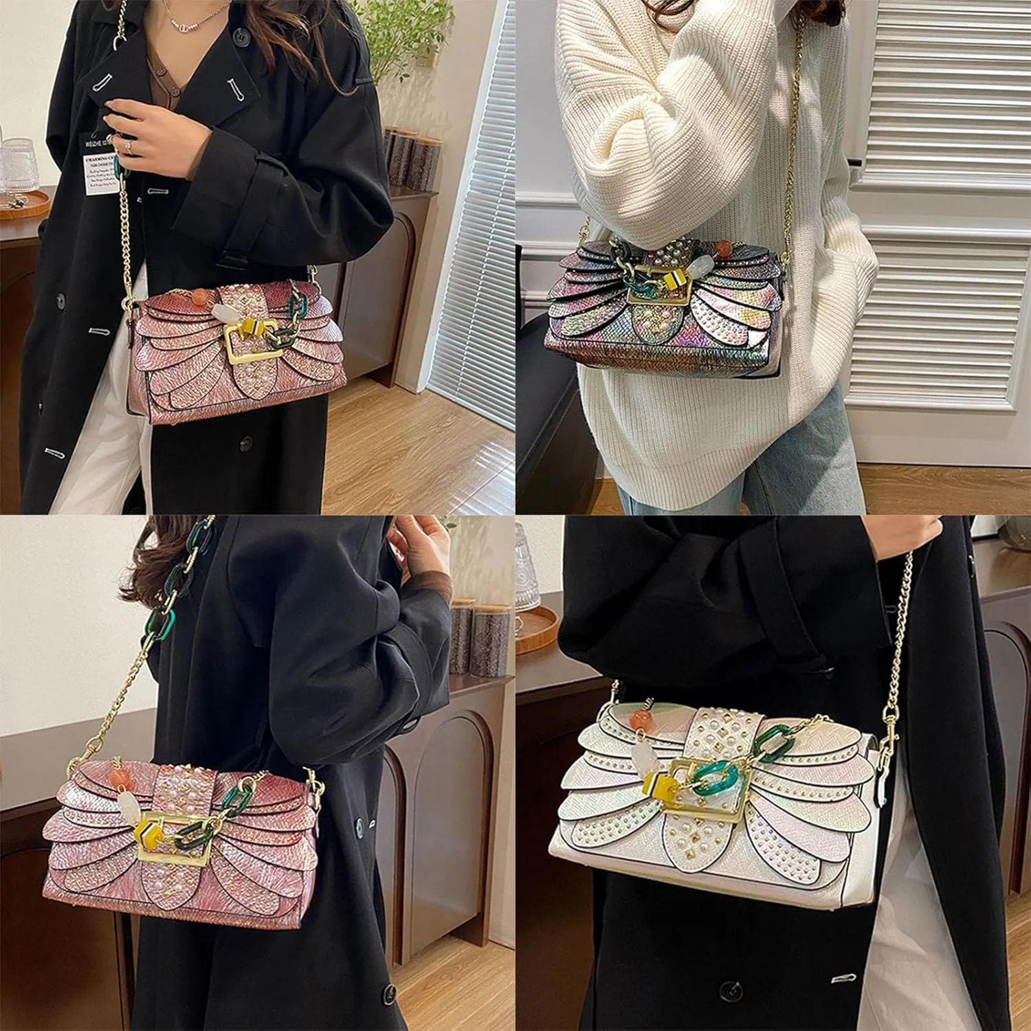 Elegant PU Leather Shoulder Bag for Women with Chain Detail and Unique Designs Crossbody Purse Work Handbag Square Bags