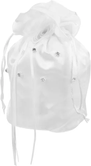 Elegant White Satin Drawstring Wedding Handbag with Pearl and Flower Decor - Bridal Present Bag, White, 22X18.5CM