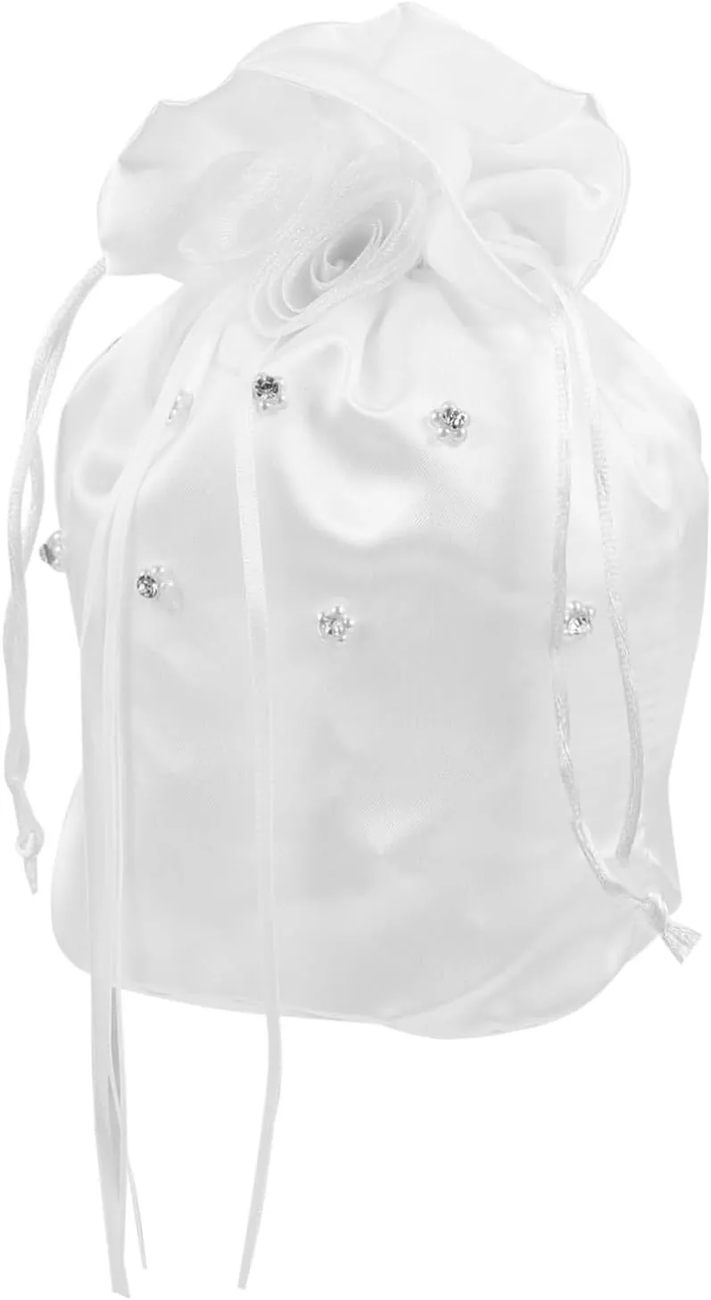 Elegant White Satin Drawstring Wedding Handbag with Pearl and Flower Decor - Bridal Present Bag, White, 22X18.5CM