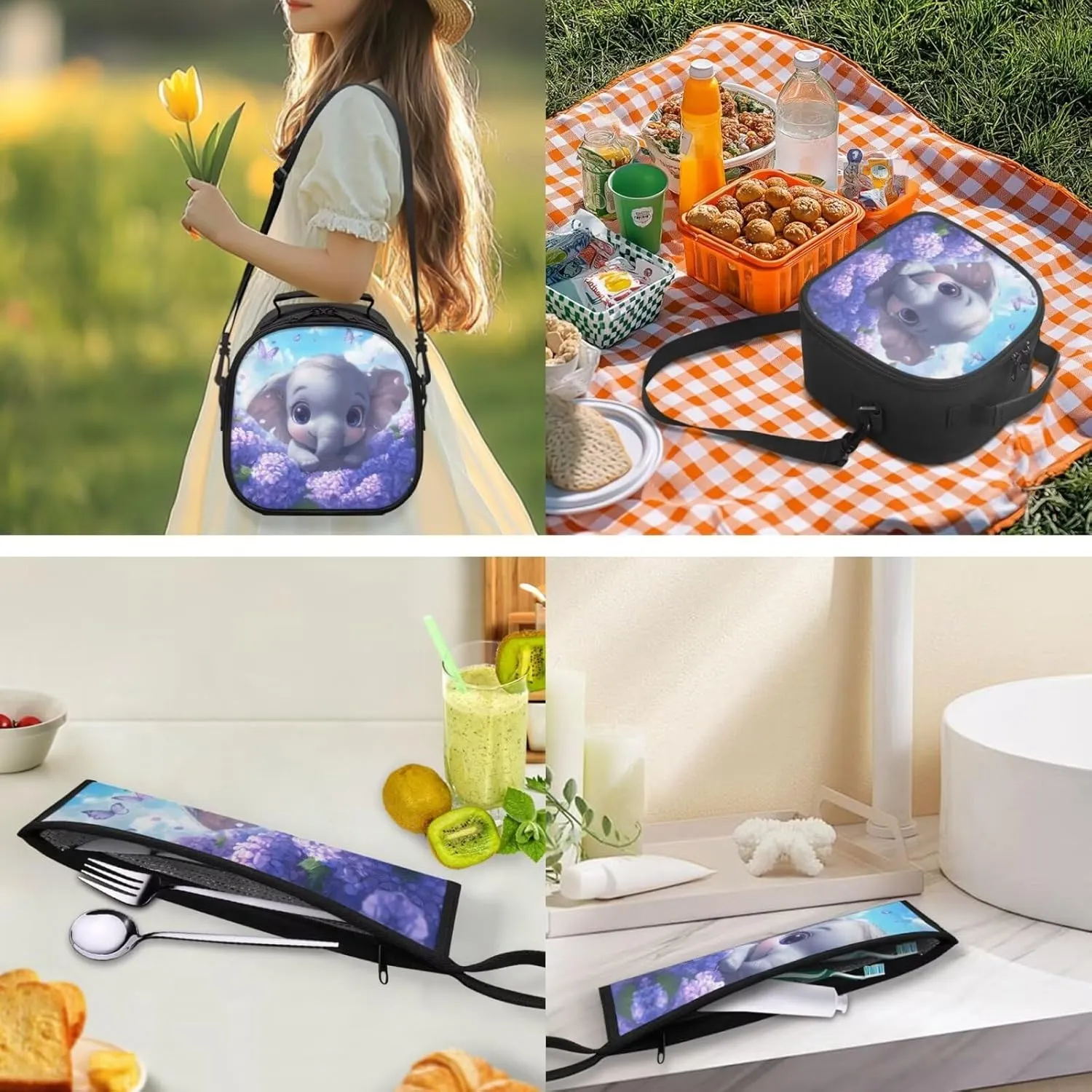 Elephant Hydrangea Lunch Bag Kids Small Crossbody Lunch Tote with Adjustable Strap Soft Tableware Box for Spoon Fork 2 Pcs Lunch Box Bag for School