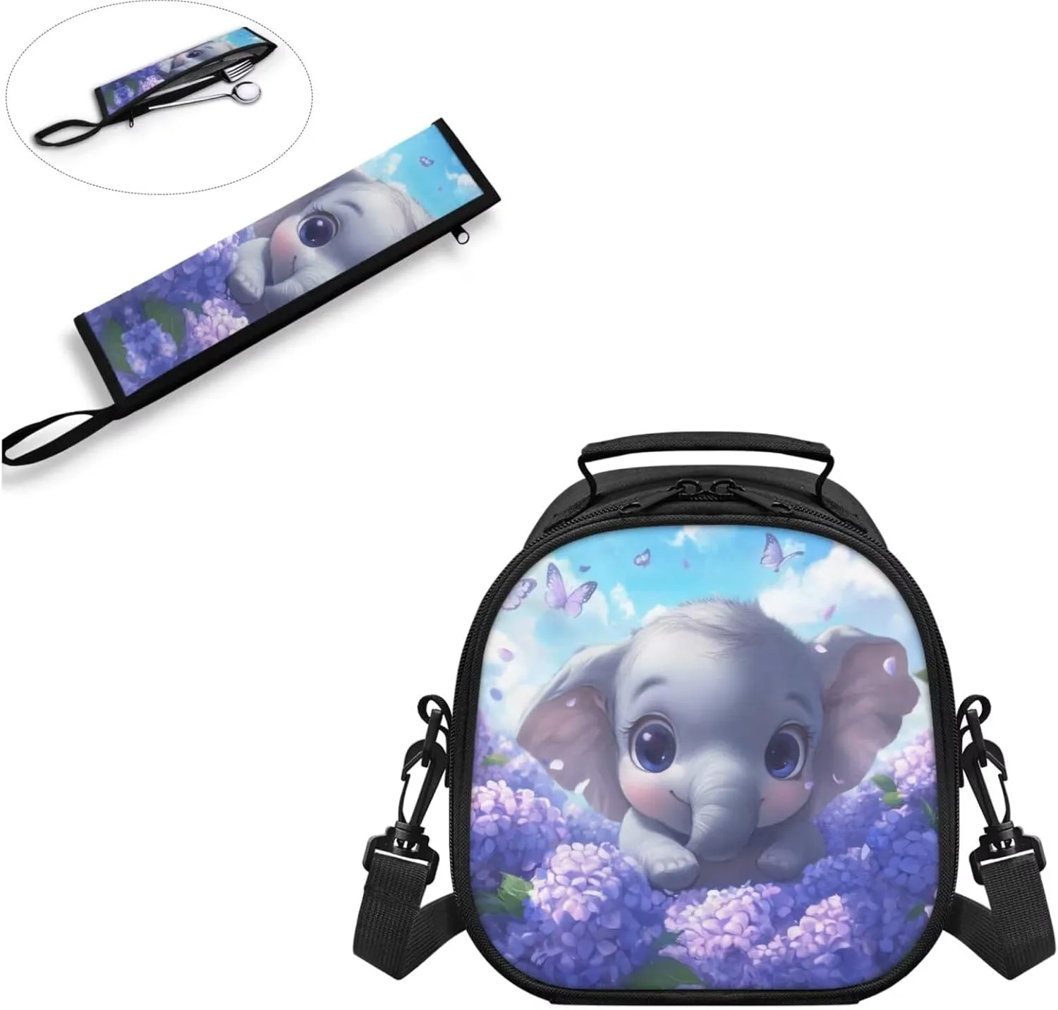 Elephant Hydrangea Lunch Bag Kids Small Crossbody Lunch Tote with Adjustable Strap Soft Tableware Box for Spoon Fork 2 Pcs Lunch Box Bag for School