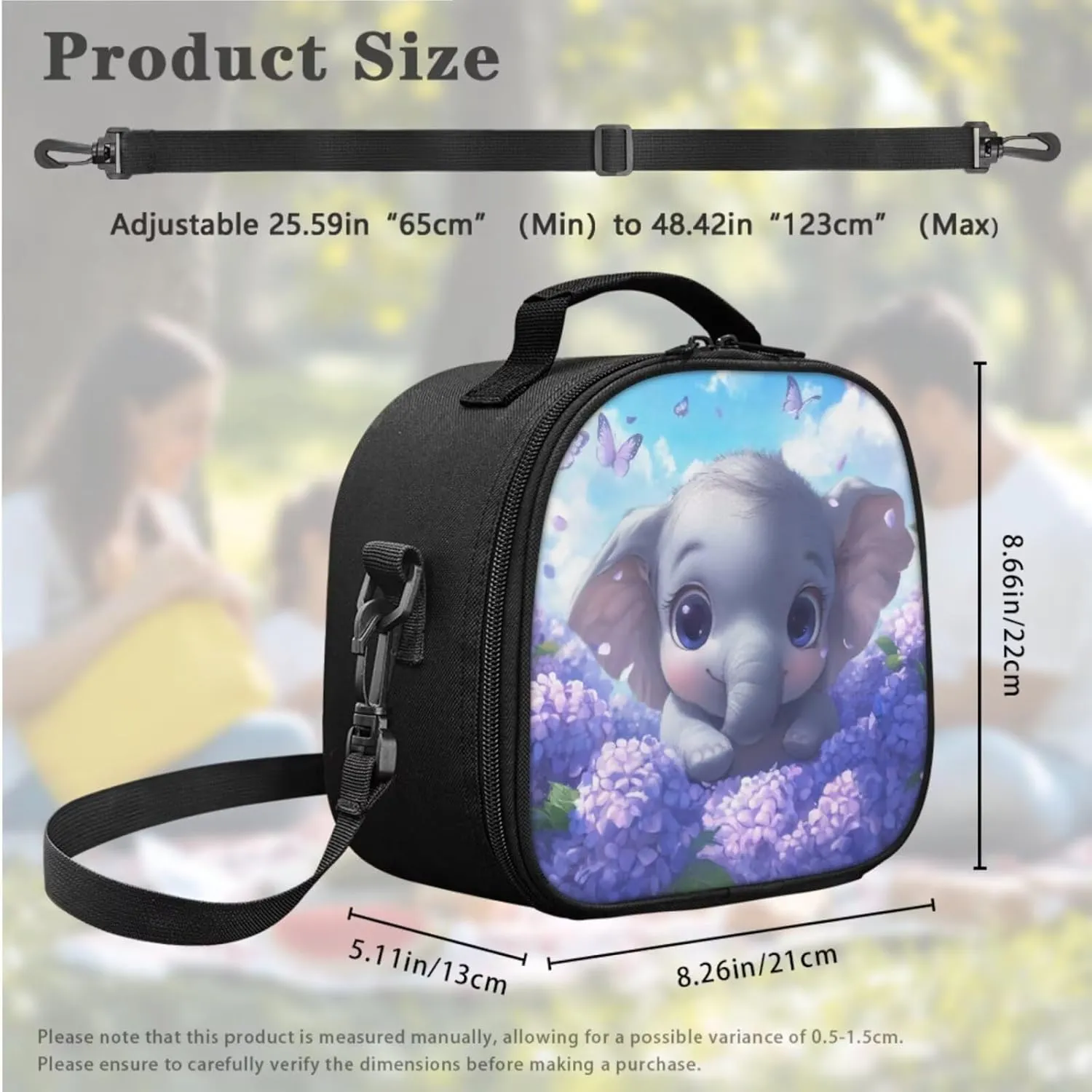 Elephant Hydrangea Lunch Bag Kids Small Crossbody Lunch Tote with Adjustable Strap Soft Tableware Box for Spoon Fork 2 Pcs Lunch Box Bag for School