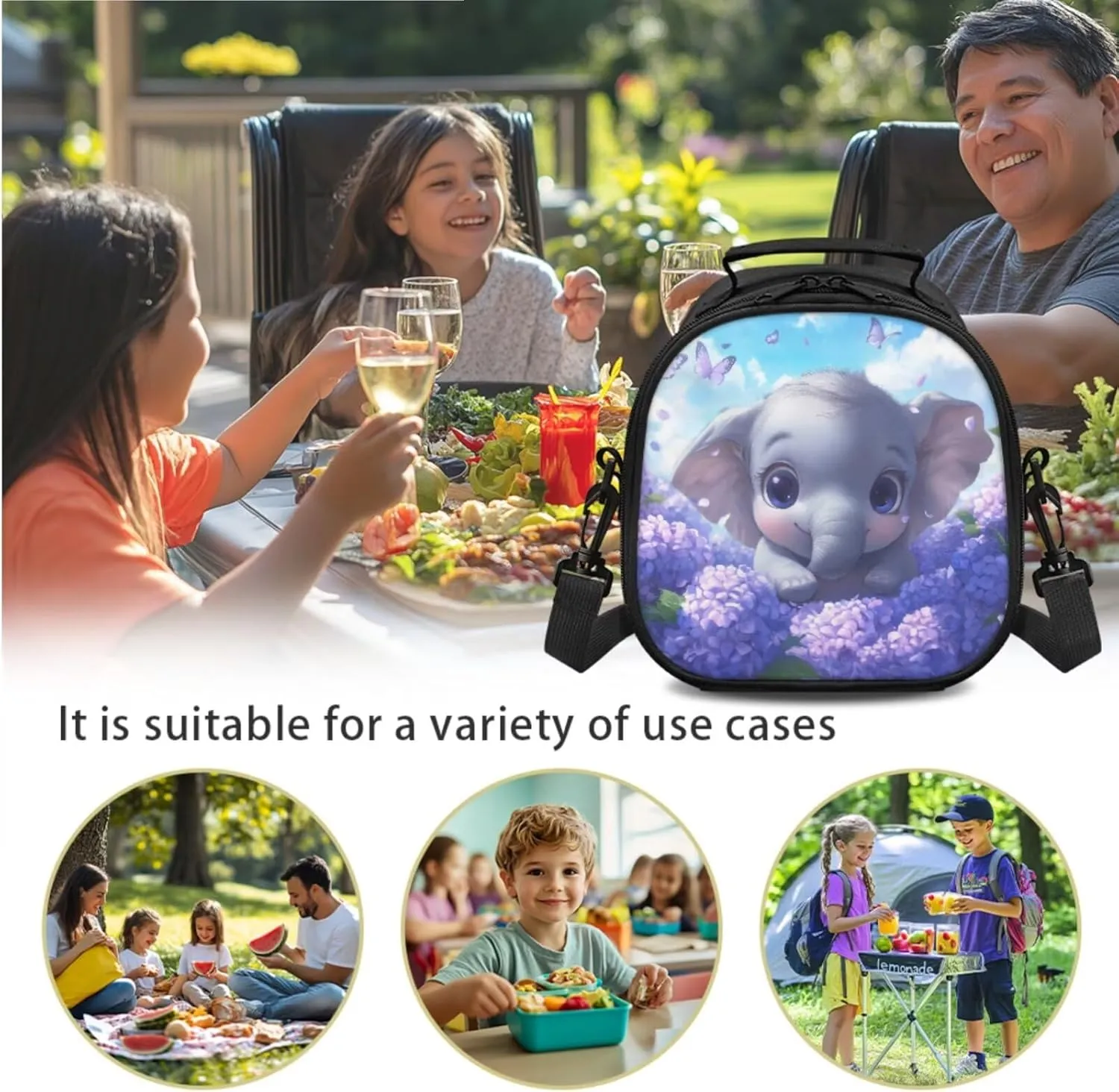 Elephant Hydrangea Lunch Bag Kids Small Crossbody Lunch Tote with Adjustable Strap Soft Tableware Box for Spoon Fork 2 Pcs Lunch Box Bag for School