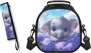 Elephant Hydrangea Lunch Bag Kids Small Crossbody Lunch Tote with Adjustable Strap Soft Tableware Box for Spoon Fork 2 Pcs Lunch Box Bag for School