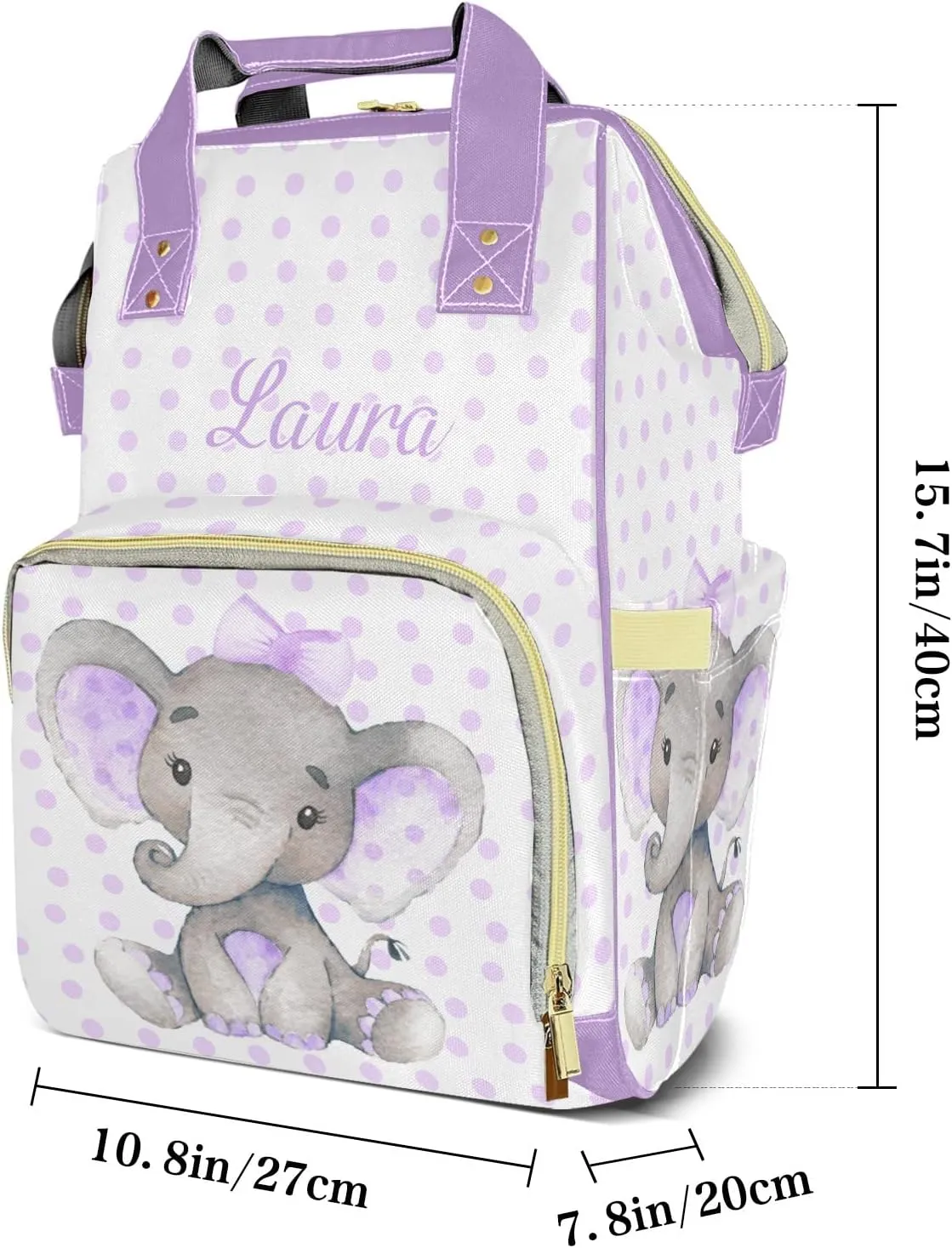 Elephant White Purple Personalized Diaper Bags Waterproof Backpack Shoulder Daypack for Mother's Day Gifts