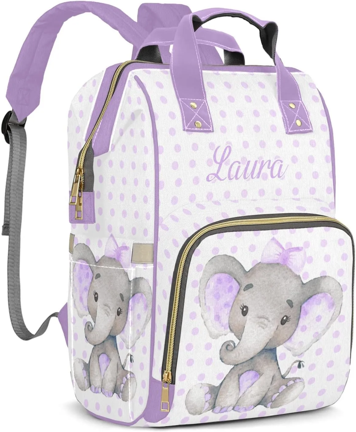 Elephant White Purple Personalized Diaper Bags Waterproof Backpack Shoulder Daypack for Mother's Day Gifts