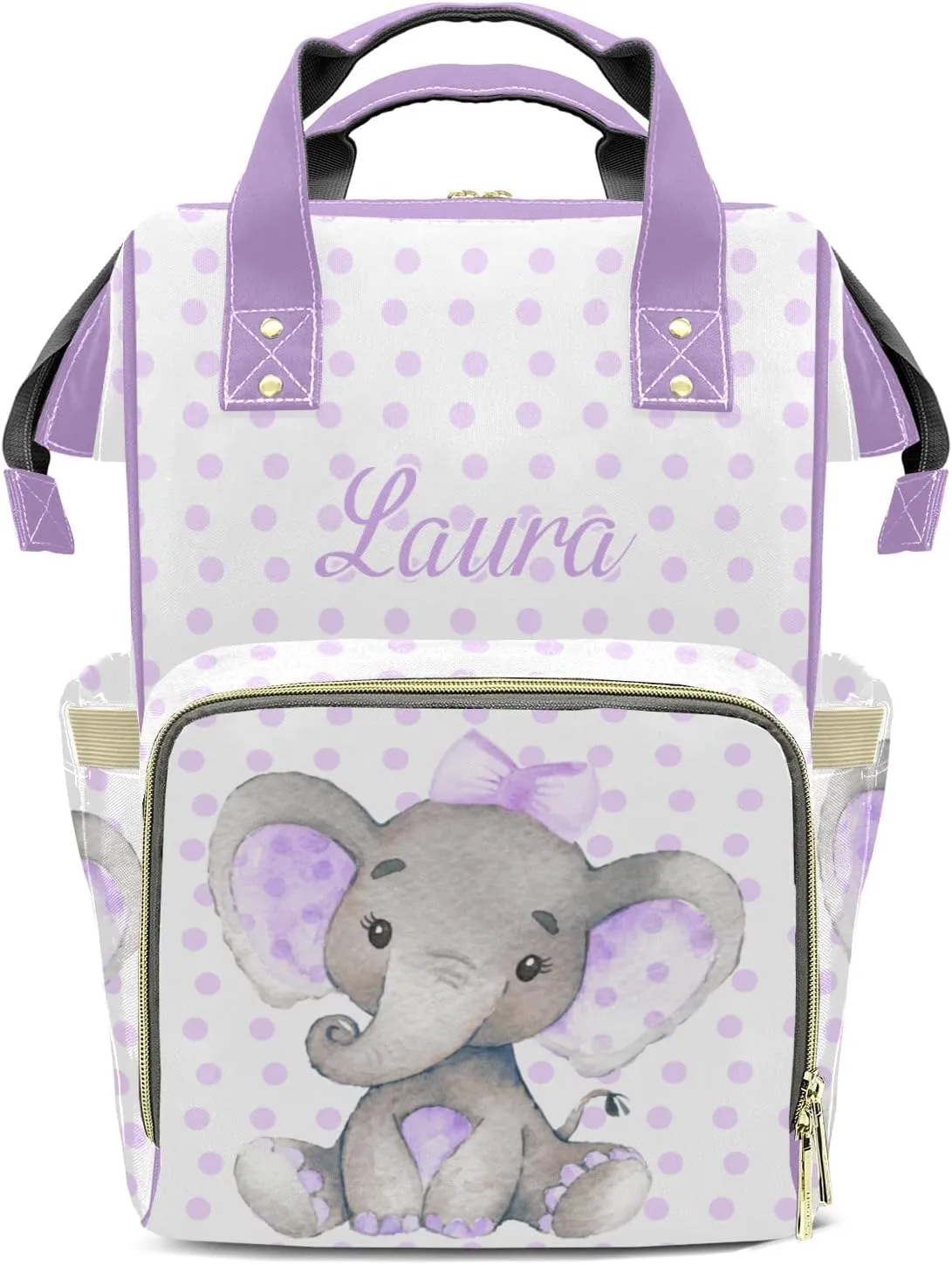 Elephant White Purple Personalized Diaper Bags Waterproof Backpack Shoulder Daypack for Mother's Day Gifts