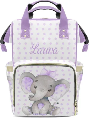 Elephant White Purple Personalized Diaper Bags Waterproof Backpack Shoulder Daypack for Mother's Day Gifts