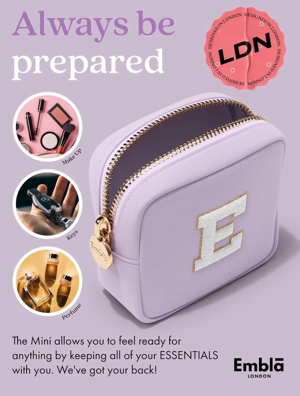 Embla Preppy Makeup Bag Travel Cosmetic Pouch, Cute Make up Case with Personalized Initial, Girls Zipper Pouch Purse Cosmetics Organizer Tote, Waterproof Travel Skincare Makeup Bag, Lilac (Letter C)