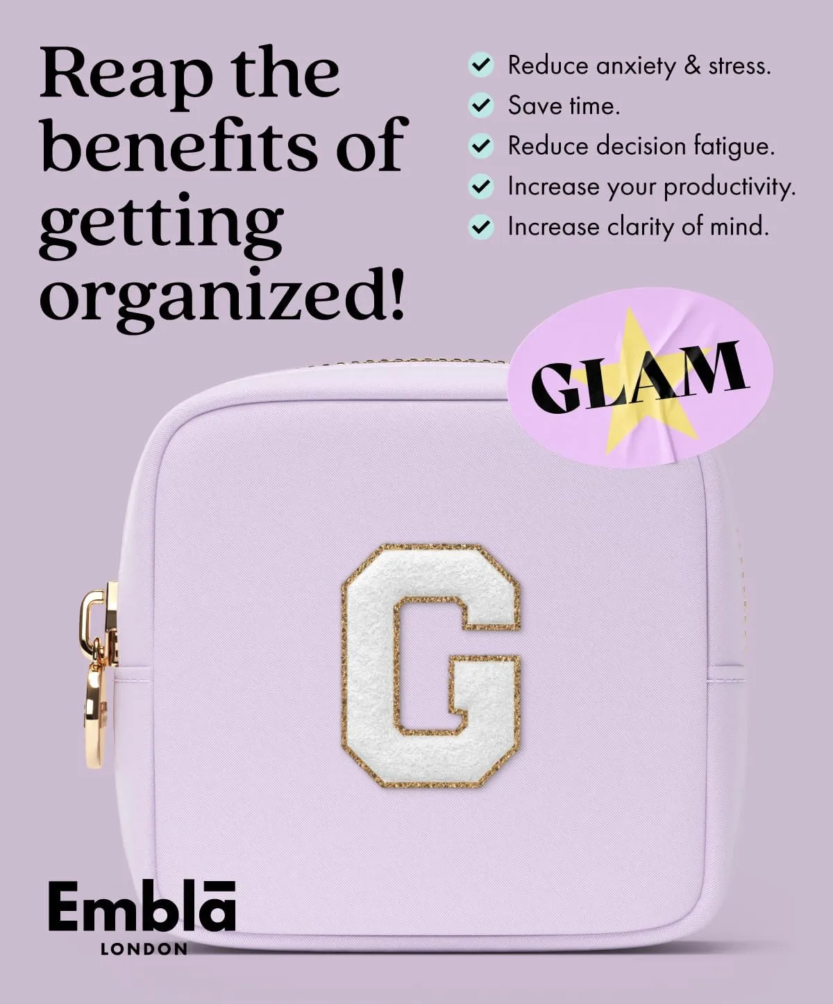 Embla Preppy Makeup Bag Travel Cosmetic Pouch, Cute Make up Case with Personalized Initial, Girls Zipper Pouch Purse Cosmetics Organizer Tote, Waterproof Travel Skincare Makeup Bag, Lilac (Letter C)