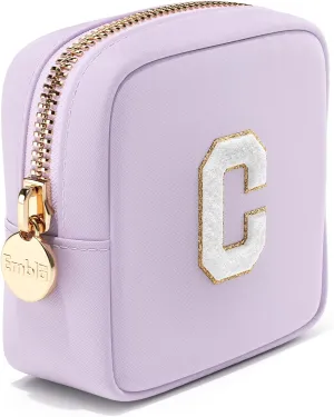 Embla Preppy Makeup Bag Travel Cosmetic Pouch, Cute Make up Case with Personalized Initial, Girls Zipper Pouch Purse Cosmetics Organizer Tote, Waterproof Travel Skincare Makeup Bag, Lilac (Letter C)