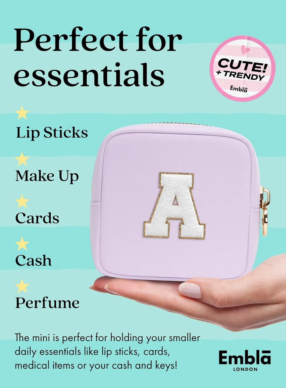 Embla Preppy Makeup Bag Travel Cosmetic Pouch, Cute Make up Case with Personalized Initial, Girls Zipper Pouch Purse Cosmetics Organizer Tote, Waterproof Travel Skincare Makeup Bag, Lilac (Letter C)