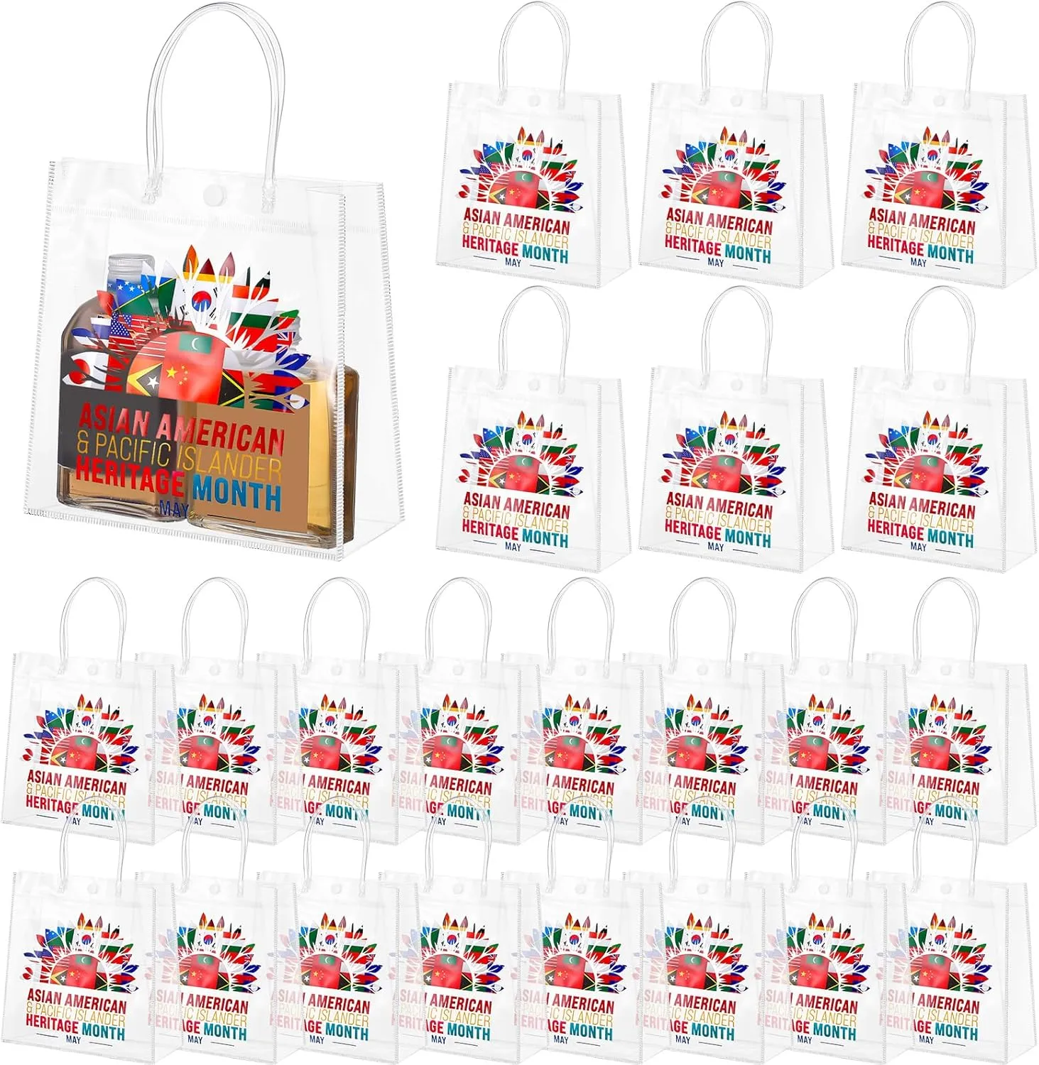 Epakh 20 Pieces Asian American and Pacific Islander Heritage Month Party Favor PVC Gift Bags with Handles 8x8x3.15 Inch AAPI Heritage Month PVC Clear Asian Pacific American Favor Bags Bulk