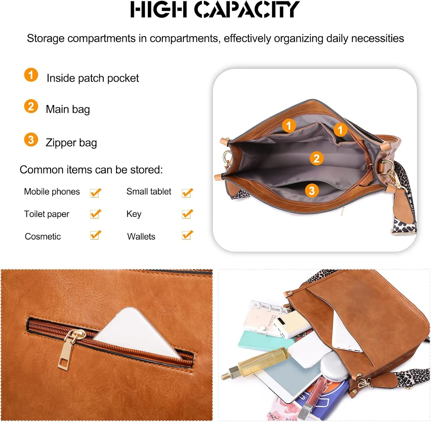 Ergocar Ladies Soft Leather Cross Body Bag, Waterproof Shoulder Bag with Adjustable Strap, Women's Cross-Body Bags